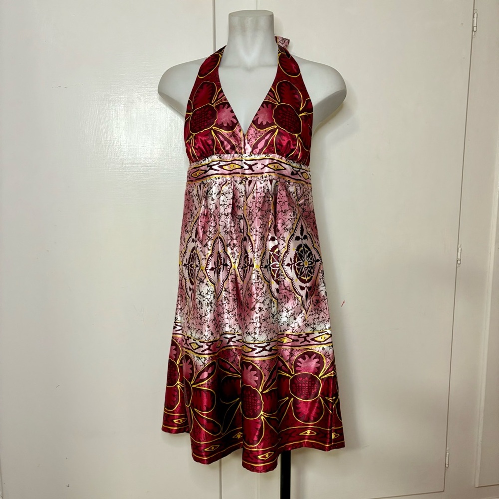 Vintage Y2K Charlotte Russe Pink Satin Boho Floral Halter Mini Dress New Large